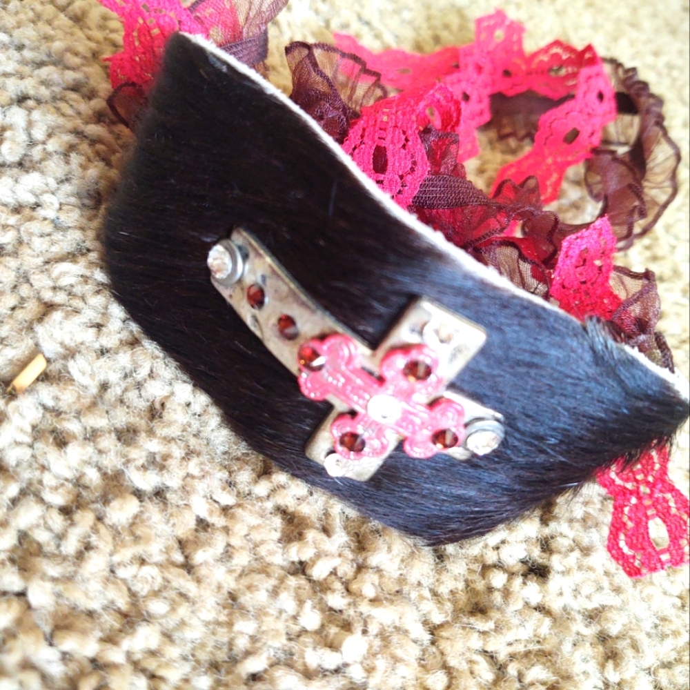 Unique Lace Black Faux Fur with Cross Bracelet